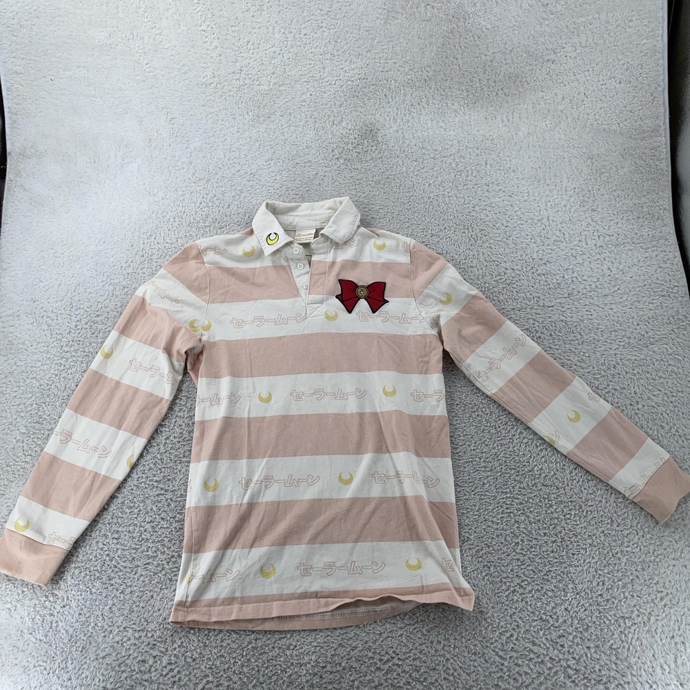 Sailor Moon Polo Shirt Womens XS Pink White Striped Long Sleeve BoxLunch Anime